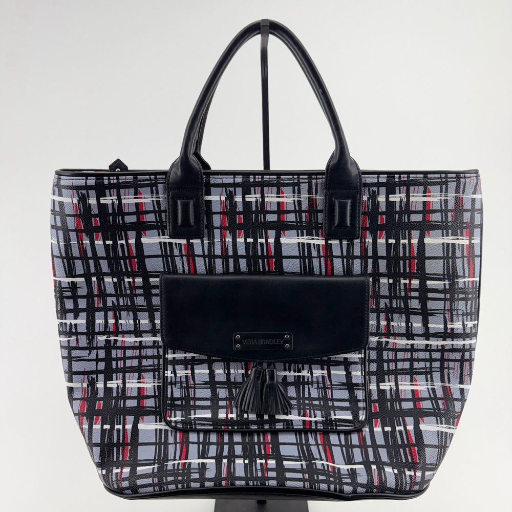 Vera Bradley Abstract Plaid Tote Bag Grey Black Red Tassel Faux Leather Handbag‎